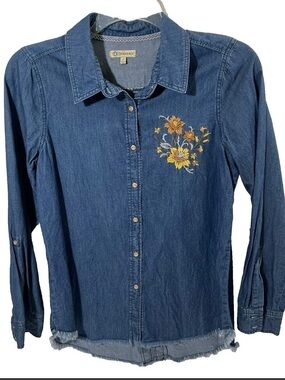 Democracy Blue Denim Shirt with Yellow Floral Embroidery